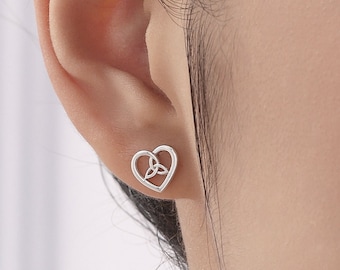 Celtic Heart Stud Earrings in Sterling Silver, Silver, Gold or Rose Gold, Unicorn Earrings, Celtic Trinity Knot Heart Earrings