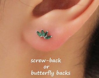 Green CZ Lotus Flower Screw Back Earrings in Sterling Silver, Silver or Gold, CZ Marquise Flower Barbell Earrings, Crown Piercing Earrings