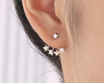 Star Ear Jacket in Sterling Silver, Four Star Earrings in Sterling Silver, Silver, Gold or Rose Gold, Front and Back