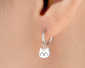 Boucles d'oreilles Huggie chat super mignonnes en argent sterling - Créoles Huggie chat mignon, cadeau pour amoureux des chats, cadeau pour maman chat, boucles d'oreilles chat