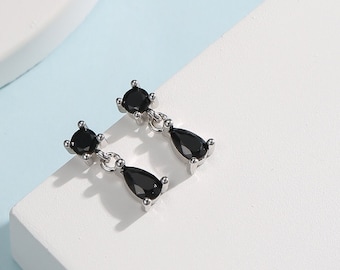 Tiny Double Black CZ Stud Earrings in Sterling Silver with Round and Droplet CZ, Silver or Gold, Two CZ Prong Set Earrings