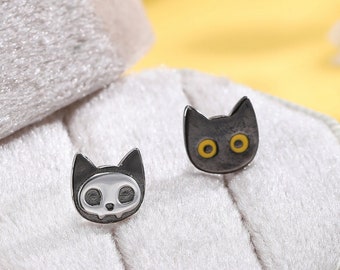 Schrodinger's Cat Asymmetric Stud Earrings, Mismatched Black Cat Stud Earrings in Sterling Silver, Black Rhodium Coated Cat Earrings