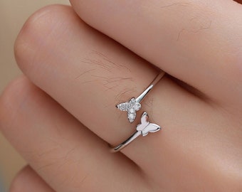 Double Butterfly Open Ring in Sterling Silver, Adjustable, Butterfly Ring, Open Ring, Butterfly CZ Ring