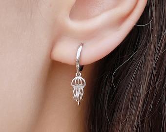 Sterling Silver Jellyfish Dangle Huggie Hoops, Jellyfish Hoop Earrings, Dainty Dangle Earrings, Fish Earrings, Ocean Animal Earrings