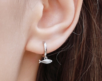 Tiny Fish Huggie Hoop Earrings in Sterling Silver, Fish Earrings, Fish Dangle Hoops, Fish Hoops, Ocean Animal Earrings