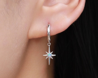 Opal Starburst Huggie Hoop Earrings in Sterling Silver, Blue Opal North Star Drop Earrings, Delicate Blue Opal Star Earrings