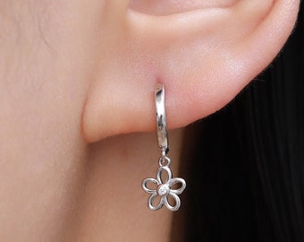 Forget Me Not Flower Huggie Hoop Earrings in Sterling Silver, Silver, Gold or Rose Gold, Tiny Flower Hoops