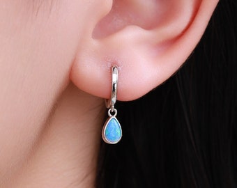 Sterling Silver Dangling Opal Droplet Hoop Earrings, Blue Opal or Fire Opal Charm Dangle Hoop Earrings, Silver or Gold