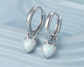 Delicate Opal Heart Huggie Hoop Earrings in Sterling Silver, Silver or Gold, Blue or White Heart Opal, Tiny Opal Hoop Earrings