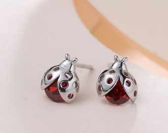 Tiny CZ Labybird Stud Earrings in Sterling Silver, Silver or Gold, Ladybug Earrings, Cute Red Ladybird Earrings
