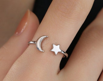 Sterling Silber Mond und Stern Offener Ring, Größenverstellbar, Himmlische Schmuck, Zierlich und Zart