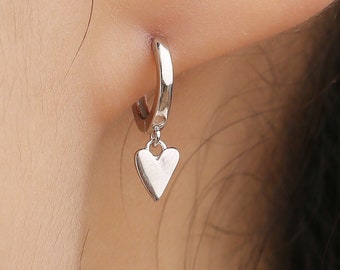 Tiny Heart Dangle Huggie Hoop in Sterling Silver, Silver or Gold
