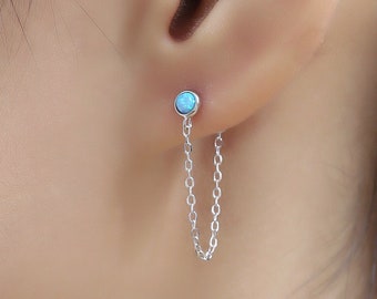 Blue Opal and Chain Ear Jacket in Sterling Silver,  Silver or Gold, Blue Lab Opal Bezel Earrings, Front and Back Earrings