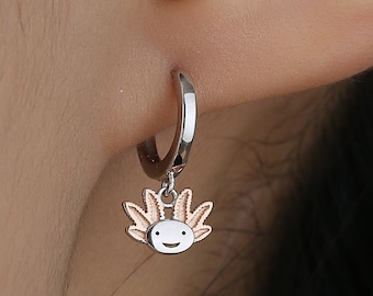 Axolotl Huggie Hoop Earrings in Sterling Silver - Sea Creature Dangle Drop Earrings - Pet Lover - Cute,  Fun, Whimsical