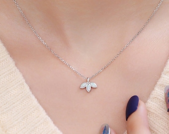 Extra Tiny White Opal Marquise Leaf Pendant Necklace in Sterling Silver, Silver or Gold, Opal Crown Necklace, Small Fire Opal Necklace