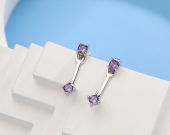 Veste d'oreille Double Amethyst Purple CZ en argent sterling, argent ou or, boucles d'oreilles avant et arrière, boucles d'oreilles en deux parties