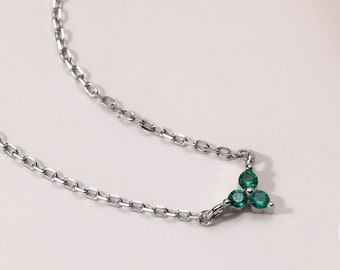 Extra Tiny Emerald Green CZ Trio Pendant Necklace in Sterling Silver, Available in Clear CZ or Green CZ, Silver or Gold,