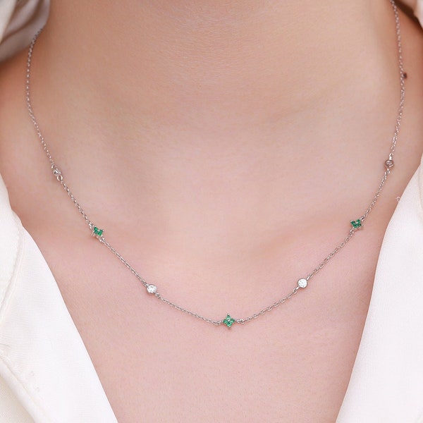 Hydrangea Flower Motif CZ Necklace in Sterling Silver, Silver or Gold, Emerald Green or Clear Three CZ  Satellite Crystal Necklace,