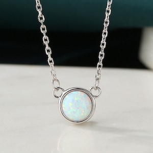 Sterling Silver White Opal Dainty Coin Pendant Necklace - Delicate Crystal Coin Necklace