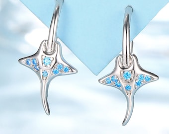 Sterling Silver Manta Ray Fish Drop Hook Earrings with Blue CZ, Stingray Dangle Hoop Earrings, Dainty Fish Dangle Earrings