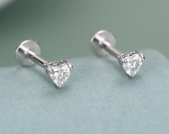 Sterling Silver Tiny Heart 3mm Moissanite 16G Flat Back Labret Earrings