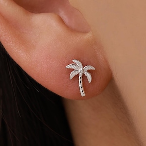 Pendientes de plata de ley con forma de palmera pequeña, plata, oro u oro rosa, pendientes de palmera pequeña, pendientes de coco.