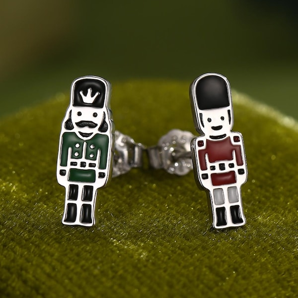 Sterling Silver Mismatched Nutcracker and British Guard Stud Earrings - Silver or Gold Finish - Enamel Nutcracker Earrings, London Earrings