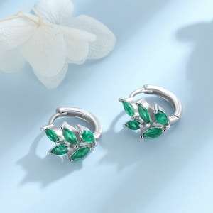 CZ Leaf Huggie Hoop Earrings in Sterling Silver, Silver or Gold or Rose Gold, Clear CZ or Green CZ Hoop Earrings