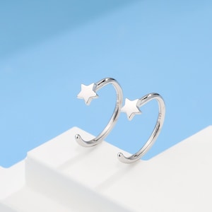 Extra Tiny Star Huggie Hoop Earrings in Sterling Silver, Tiny North Star Open Hoops, Pull Through Threaders, Half Hoops