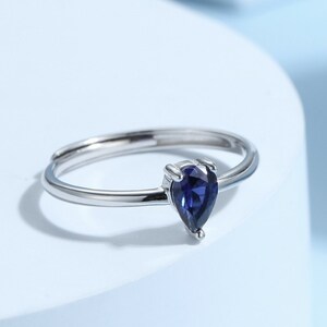 Created Blue Sapphire Droplet Ring in Sterling Silver, 4x6mm, Prong Set Pear Cut, Adjustable Size, Blue Corundum Ring, September Birthstone image 3