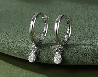 Tiny Dotted Droplet CZ Huggie Hoop Earrings in Sterling Silver, Silver or Gold, Geometric Hoop Earrings, Vintage Inspired Bezel CZ Earrings