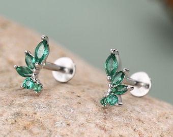 Sterling Silver Green CZ Marquise Cluster 16G Flat Back Earrings