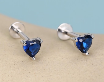 Sterling Silver 4mm Sapphire Blue Heart CZ 16G Flat Back Labret Earrings