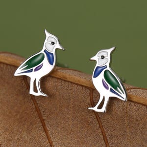 Puede incluir: Un par de pendientes de botón en forma de pájaro, con detalles de esmalte en blanco, verde, azul y morado. Cada pájaro tiene una pequeña cresta en la cabeza y un pico puntiagudo, con un contorno de plata pulida que define su silueta.