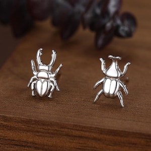 Mismatched Stag Beetle Stud Earrings in Sterling Silver, Silver, Gold or Rose Gold, Asymmetric Beetle Earrings, Bugs Earrings,