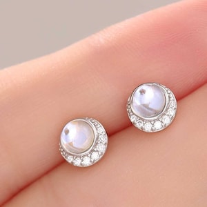 Moon Phase Moonstone Stud Earrings in Sterling Silver, Silver or Gold or Rose Gold, Delicate Moon Earrings, Moonstone Earrings, Celestial