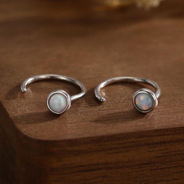 Minimalist Opal Huggie Hoop Threader Earrings in Sterling Silver, Gold or Silver, Pull Through Open Hoop Earrings, Fire Opal and Blue Opal