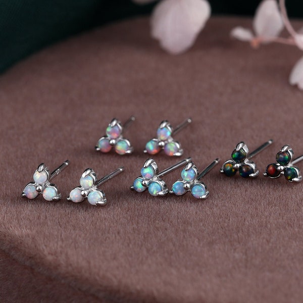 Extra Tiny Opal Trio Stud Earrings in Sterling Silver, Silver or Gold, Three Opal Trinity Stud, Opal trefoil Earrings