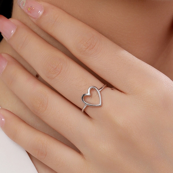 Open Heart Ring in Sterling Silver, US 5 - 8, Minimalist Ring, Geometric Heart Ring in Silver, Solid Silver Ring