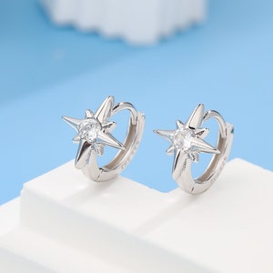 CZ Starburst Huggie Hoop Earrings in Sterling Silver, Silver, Gold or Rose Gold, North Star Earrings, Sunburst Earrings, Celestial Jewellery