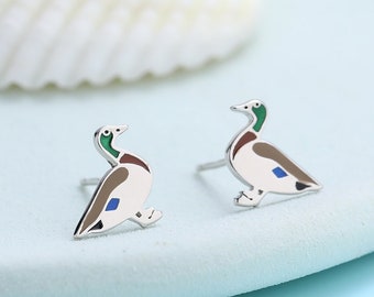 Enamel Mallard Duck Stud Earrings in Sterling Silver,  Duck Earrings, Cute Duck Earrings