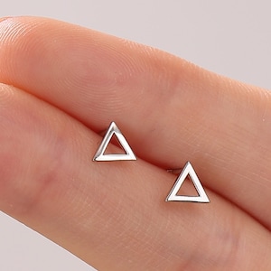 Tiny Open Triangle Stud Earrings in Sterling Silver, Silver, Gold or Rose Gold, Small Minimal Triangle Earrings, Geometric Stacking Earrings