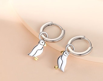 Sterling Silver Puffin Bird Dangle Huggie Hoops, Puffin Hoop Earrings, Dainty Dangle Earrings, Puffin Bird Earrings, Puffin Earrings