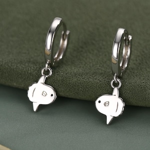 Ocean Sunfish Fish Huggie Hoop Earrings in Sterling Silver, Sun Fish Earrings, Mola Mola Earrings, Nature Inspired Animal Earrings