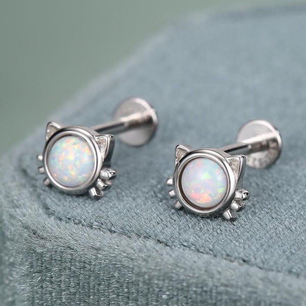 Sterling Silver White Opal Cat 16G Flat Back Labret Earrings