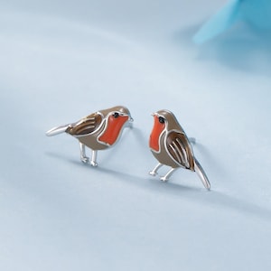 Hand Painted Enamel Robin Bird Stud Earrings in Sterling Silver, Silver or Gold, British Bird Earrings, Nature Inspired Animal Earrings