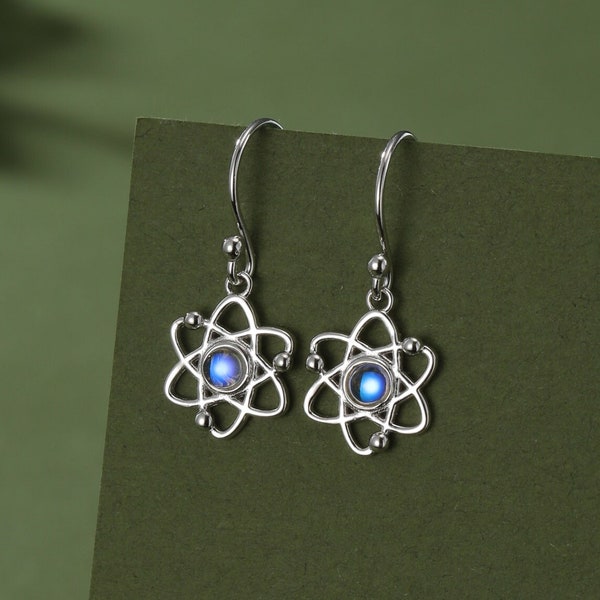 Atom Drop Hook Earrings in Sterling Silver with Simulated Moonstone, Silver or Gold or Rose Gold, Sterling Silver Atom Earrings