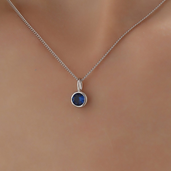 Sapphire Blue CZ Bubble Pendant Necklace  in Sterling Silver, Silver or Gold or Rose Gold, 1 Ct Zircon Bezel Necklace, September Birthstone