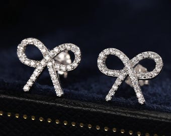 CZ Ribbon Bow Stud Earrings in Sterling Silver, Silver or Gold or Rose Gold,  Dainty Earrings, Bridesmaid's Jewellery