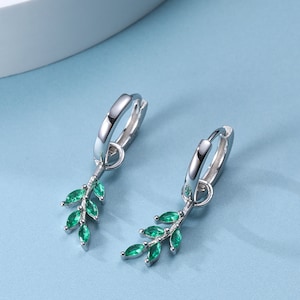 Sterling Silver Olive Leaf Huggie Hoops, Clear CZ or Green CZ, Dainty Leaf Detachable Hoops, Olive Branch Hoops